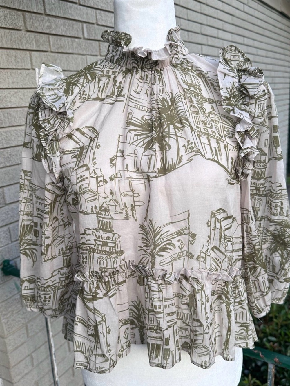 Ruffled High-Neck Printed Blouse in Beige and Olive